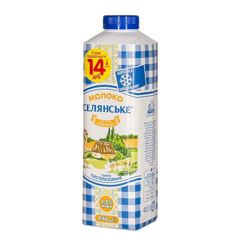 Молоко коров'яче СЕЛЯНСЬКЕ, пастеризоване, 2,5%, 950г